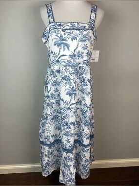 LC Lauren Conrad Blue White Tropical Toile Smocked Midi Dress NWT L